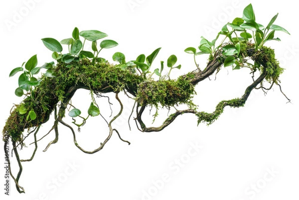 Fototapeta Twisted wild liana showcasing intricate jungle vines with lush green leaves and vibrant moss tangled together in a natural arrangement