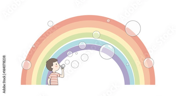 Fototapeta A charming illustration showcasing a boy blowing bubbles under a vibrant rainbow creating a whimsical and joyous scene