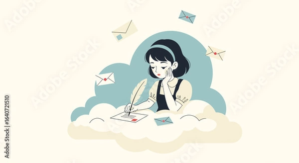 Obraz A whimsical illustration of a girl writing a letter with quill in the clouds scene