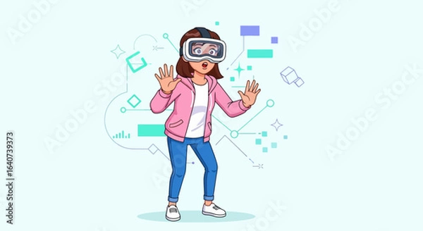 Fototapeta Cartoon woman experiencing virtual reality with headset and surprised expression on her face with digital background