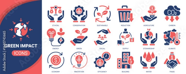 Fototapeta Green impact icon set. Containing icon of sustainable, conservation, green, energy, climate and more. Solid vector icons collection.