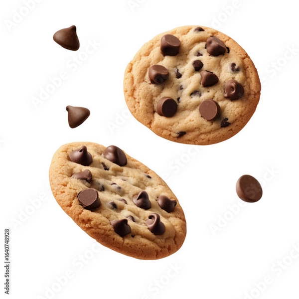 Obraz Delicious chocolate chip cookies isolated against a dark transparent background with floating chocolate chips