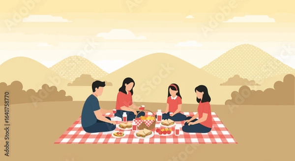 Fototapeta Family enjoying a picnic outdoor on a blanket with mountains and nature background in a peaceful setting illustration