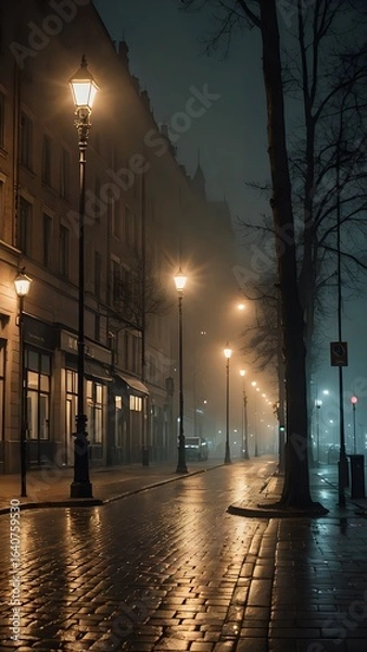 Obraz Foggy Night on an Illuminated City Street with Lampposts
