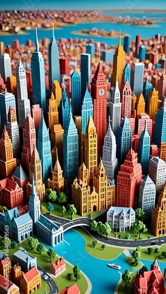 Obraz Colorful Cityscape Illustration with River, Bridge, and Vibrant Buildings