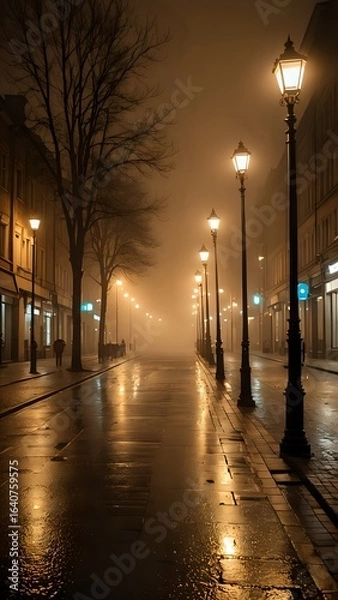 Obraz Foggy Night on an Illuminated City Street with Lampposts