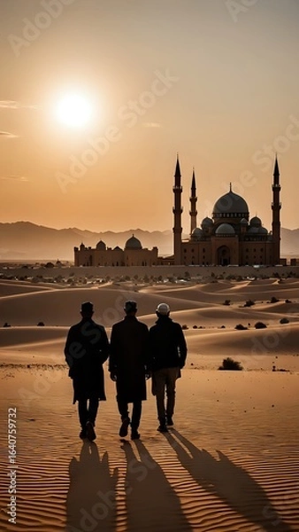 Obraz Silhouette of Mosque With People Walking During Sunset in Desert Setting