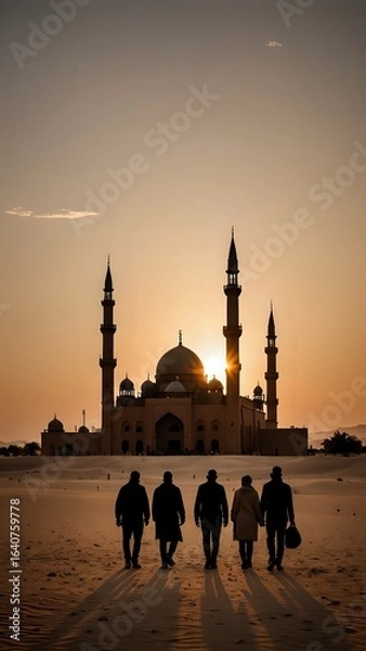Obraz Silhouette of Mosque With People Walking During Sunset in Desert Setting