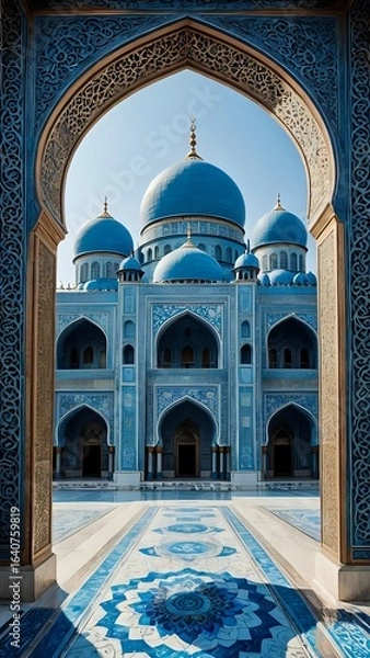 Obraz Magnificent Islamic Mosque with Blue Domes Captured Through An Archway View