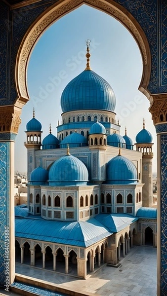 Obraz Magnificent Islamic Mosque with Blue Domes Captured Through An Archway View