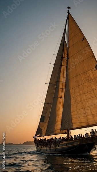 Obraz Elegant Sailboat Navigating at Sunset with People Onboard in Open Water