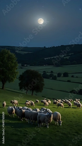 Obraz Peaceful Rural Meadow with Sheep Grazing Under a Clear Night Sky