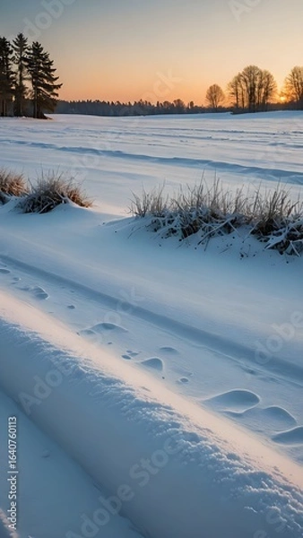 Obraz Idyllic Snowy Landscape with Sunset and Pine Trees in Winter Season
