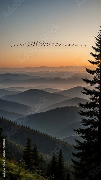 Obraz Idyllic Mountain Sunrise with Birds Flying Over Scenic Landscape