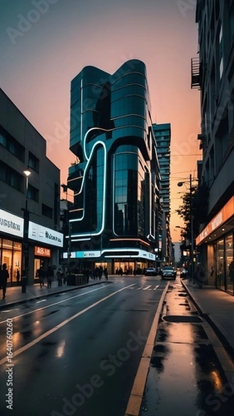 Obraz Modern City Building Illuminated at Twilight With Neon Highlights