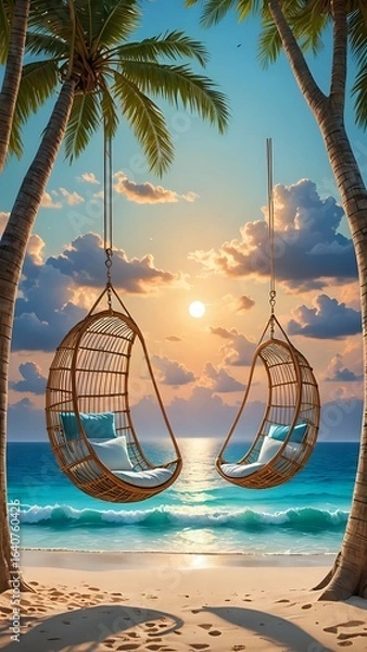 Obraz Tropical Beach Sunset With Palm Trees and Ocean View