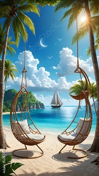 Obraz Tropical Beach Sunset With Palm Trees and Ocean View