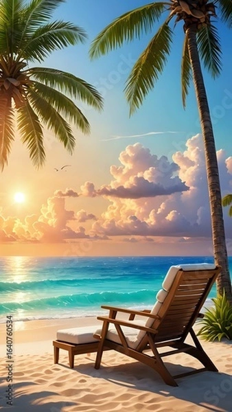 Obraz Tropical Beach Sunset With Palm Trees and Ocean View