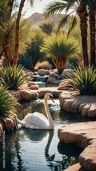 Obraz Serene Landscape with Waterfall, Palm Trees, and Cranes in a Desert Oasis