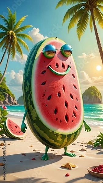Obraz Smiling Watermelon With Sunglasses Enjoying a Sunny Tropical Beach Vacation