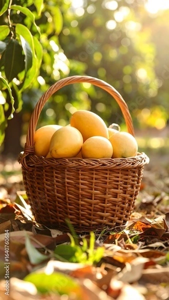 Fototapeta Ripe yellow mangoes in a wicker basket, nestled amongst fallen leaves in an orchard bathed in sunlight