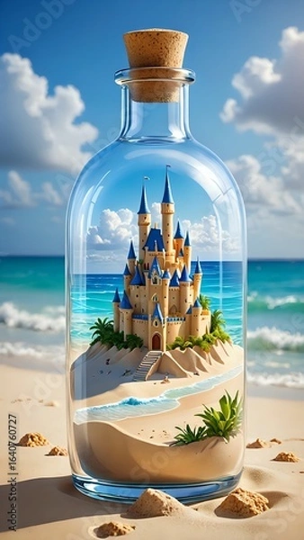 Obraz Fantasy Sandcastle in a Glass Bottle on a Tropical Beach
