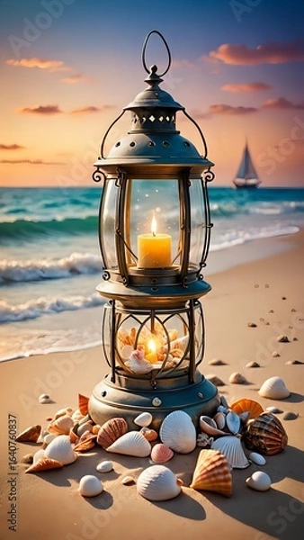 Obraz Illuminated Lantern Surrounded by Seashells on a Sunlit Seaside Beach