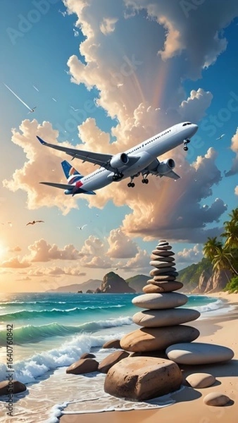 Obraz Airplane Flying Over Serene Tropical Beach with Balanced Stones