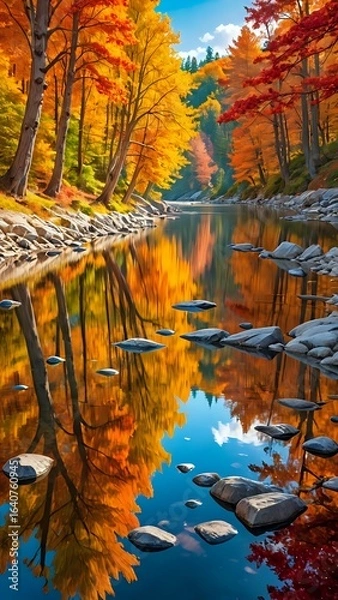 Obraz Vibrant Autumn Forest Reflected on Serene River with Clear Blue Sky