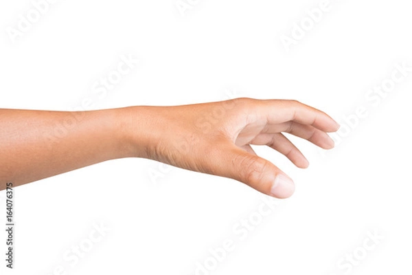 Obraz left side hand of a man trying to reach or grab something. fling, touch sign. Reaching out to the left. isolated on white background