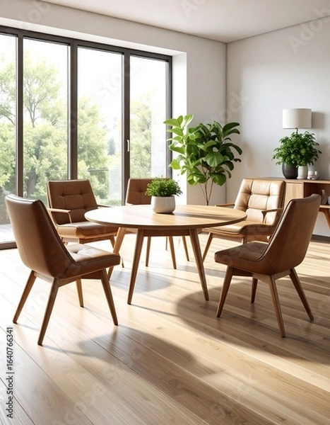 Fototapeta Sunlit dining room with round wooden table and six brown leather chairs