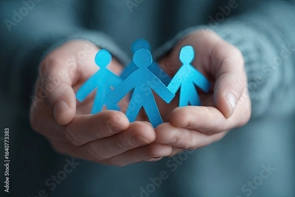 Obraz Hands holding small blue paper people (1)