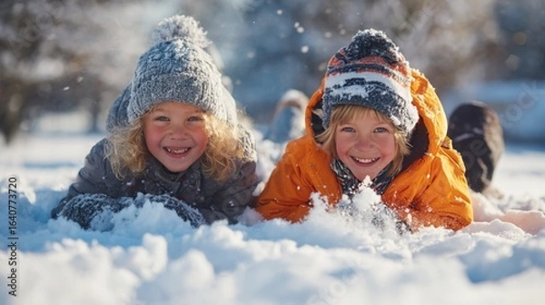 Fototapeta Smiling little children hugging and playing in a snowy park, good light, image with copyspace