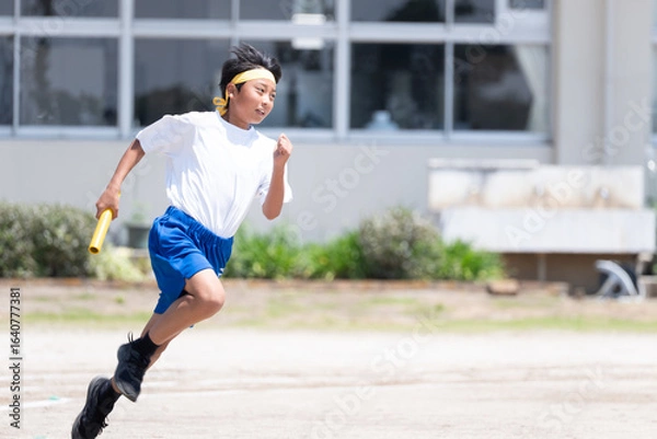 Fototapeta 中学校の体育祭でリレーを走る男子生徒
