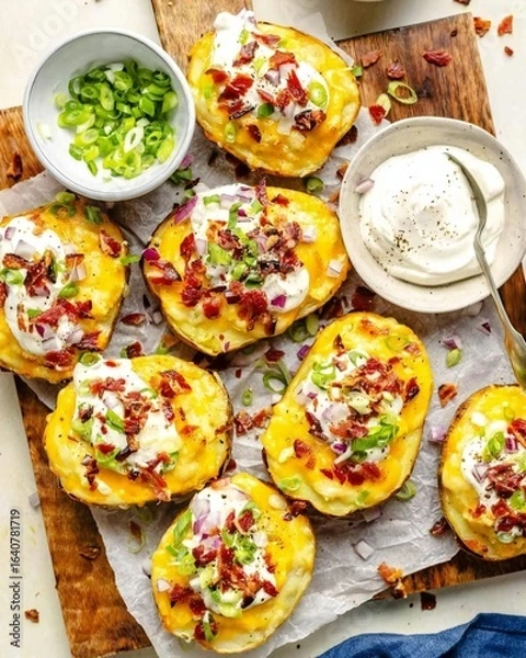Fototapeta Loaded baked potatoes with bacon, cheese, sour cream, and chives.