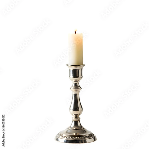 Fototapeta A lit ivory candle in a silver candlestick against isolated on white or a transparent background, PNG Format.