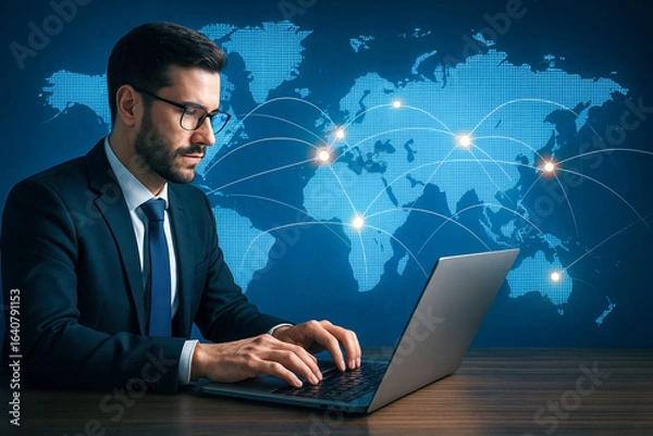 Fototapeta Businessman in formal suit working on laptop with glowing world map and digital network connections, international communication, finance, technology, business globalization, blue background