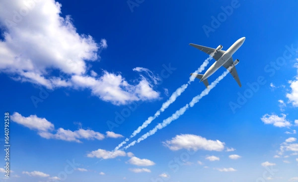 Fototapeta Horizontal nature background with aircraft and Jet trailing smoke in sky. Airplane and condensation trail. Foggy jet trail and plane in blue sky with white clouds. Traveling the world concept