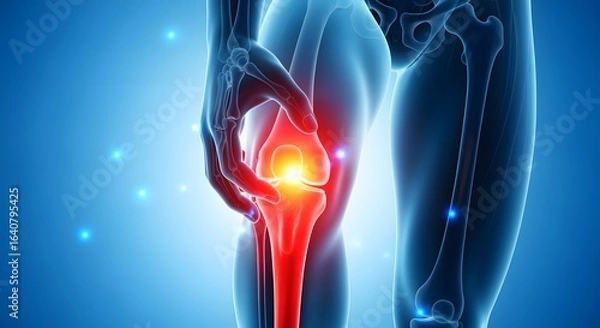 Fototapeta Red Human Knee Joint with Pain and Hand on Blue Background