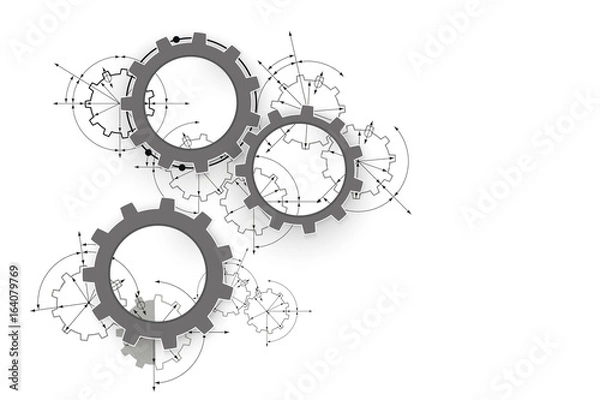 Obraz Gears in engagement. Engineering drawing abstract industrial background with a cogwheels.