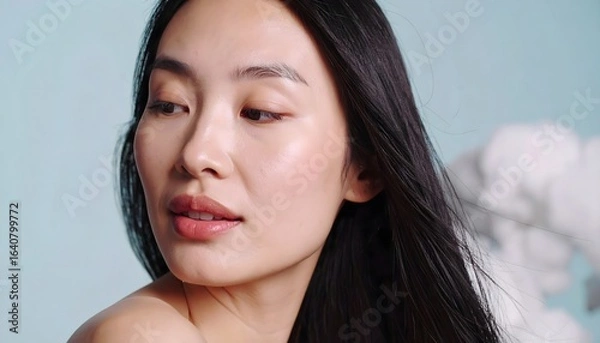 Obraz Asian Woman with Long Dark Hair and Glowing Skin Posing in Front of Fluffy White Clouds