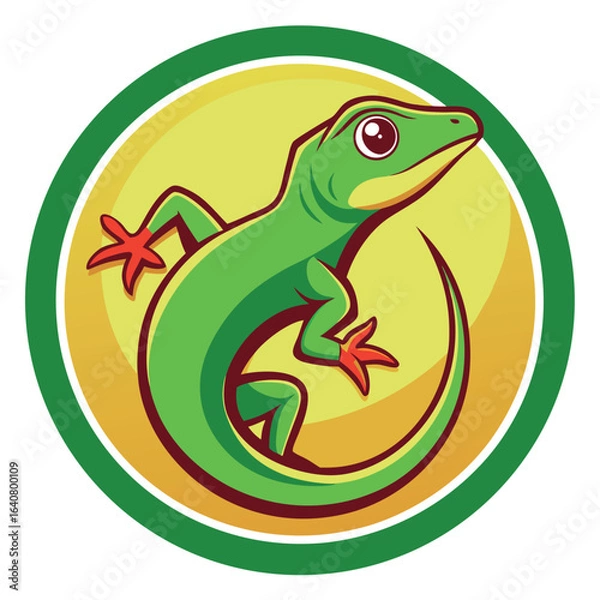 Fototapeta Vibrant green lizard with bright red accents posed in a circular design against a yellow background