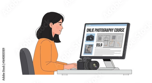Fototapeta Woman learning photography through online course on computer with digital camera on desk illustration