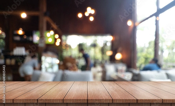 Fototapeta 	
Empty wooden table top with lights bokeh on blur restaurant background.