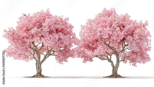 Fototapeta Two lush pink flowering trees against white