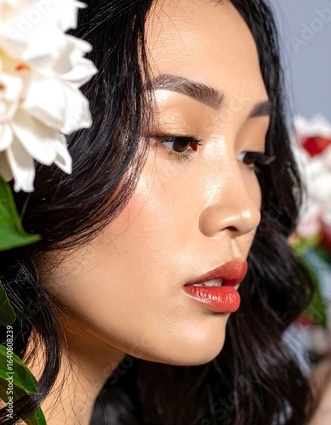 Fototapeta Asian Woman with Glossy Lips Surrounded by White Flowers in Soft Natural Light