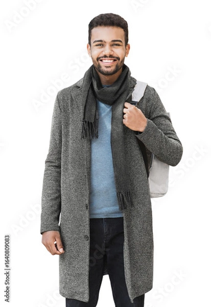 Fototapeta Handsome joyful man portrait isolated in transparent PNG, Smiling student men wearing warm clothes isolated transparency