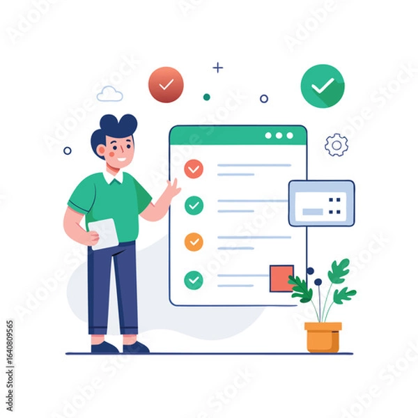 Obraz Man reviews checklist with completed tasks and progress indicators