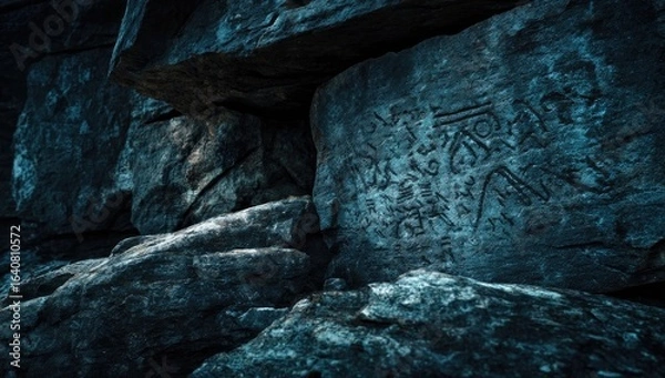 Fototapeta Ancient rock carvings, dark and mysterious