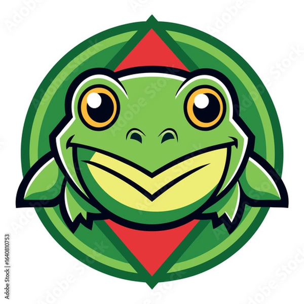 Fototapeta Bright green frog mascot in a circular design with a playful expression and bold colors